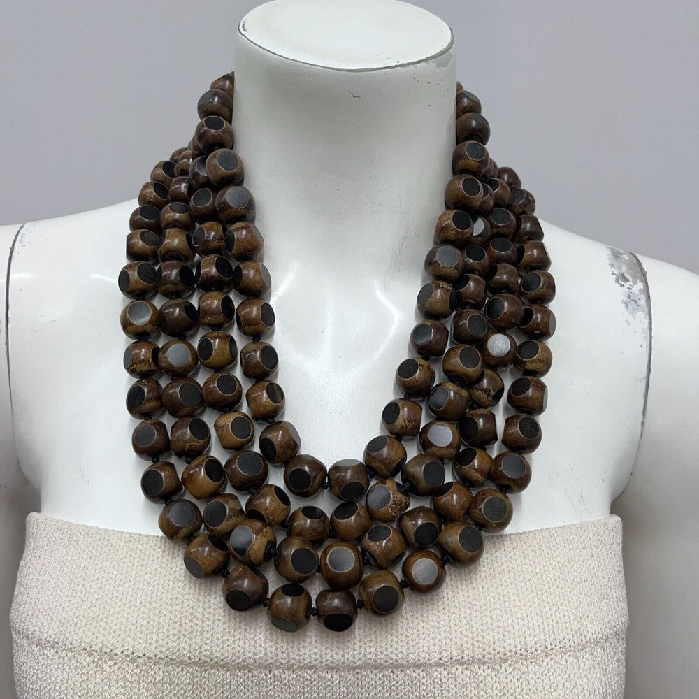 ARTSY 4 Strand Wood With Black Dots‎ Necklace STATEMENT Style 23" Long